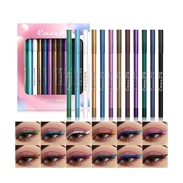 Sitovely 12Pcs Crème Métallique Ensemble de bâtonnets de Fards à paupières, 2 en 1 Mat Miroiter Ombre à paupières & Eyeliner 