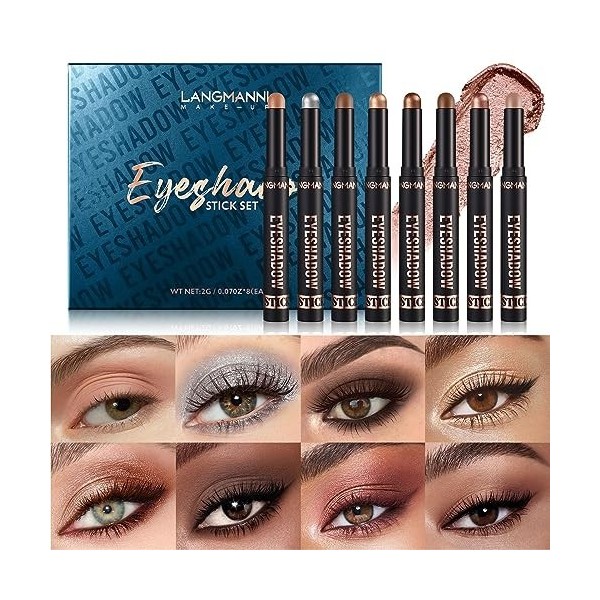 Lot de 8 stylos à paupières nacrés haute performance 3 en 1 : vers à soie, fard à paupières, eye-liner et kajal, finition bri