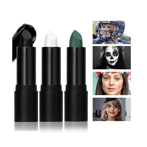 JasCherry Lot de 3 bâtons noirs pour les yeux , couleurs de peinture pour football baseball crosse, noir blanc vert Eyeblack 