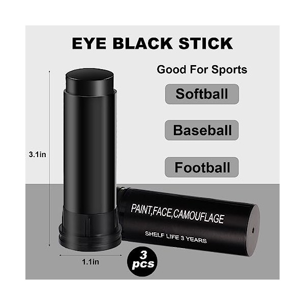 3pcs Eye Black Sport, Eye Black Stick Eye Black Peinture Corps Visage Oeil Bâton Noir Couleurs pour Fête Costumée dHalloween