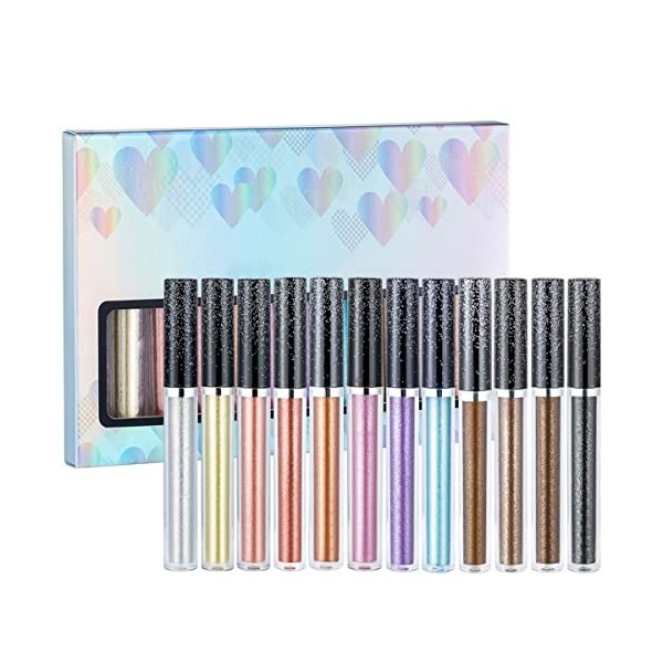 Lot de 12 ombres à paupières liquides à paillettes, 12 couleurs étincelantes, fard à paupières métallique scintillant, longue