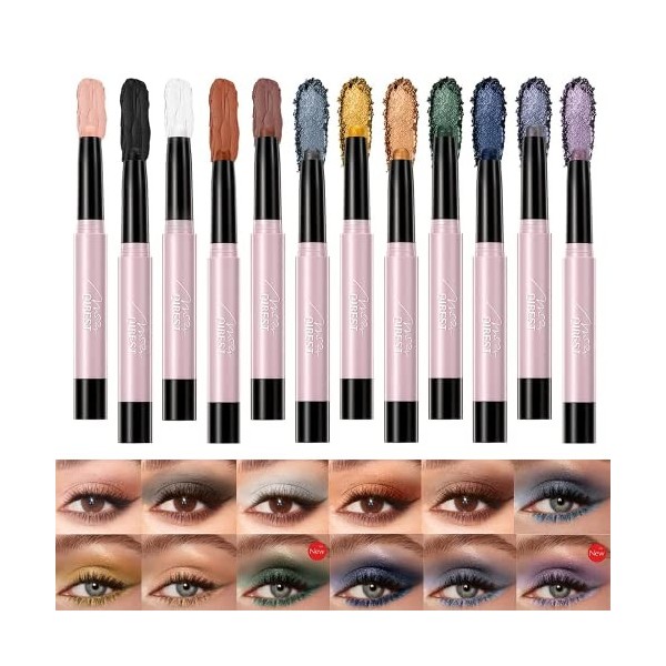 Ensembles de Bâtonnets de fard à Paupières,Pakivs 12 Couleurs Matte Glitter Pearlescent Eyeshadow Sticks Imperméable à l’eau 