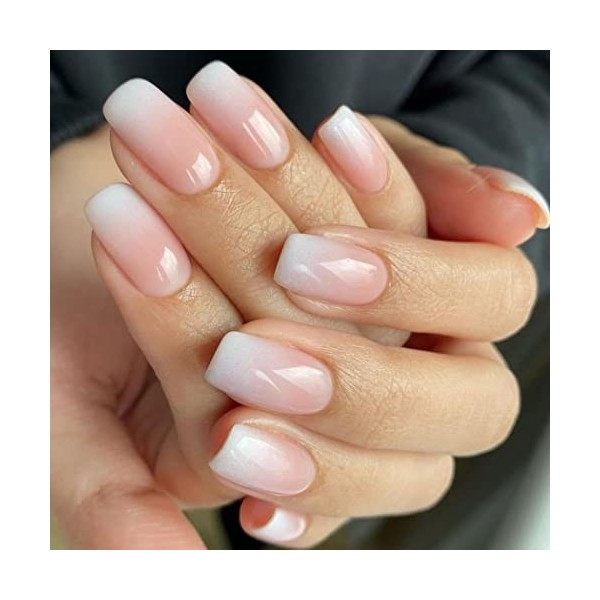 Sethexy Court Carré Ombre Faux ongles Naturel Rose Ongles à coller Glossy Press on Nails 24Pcs Acrylique Faux Ongles Autocoll