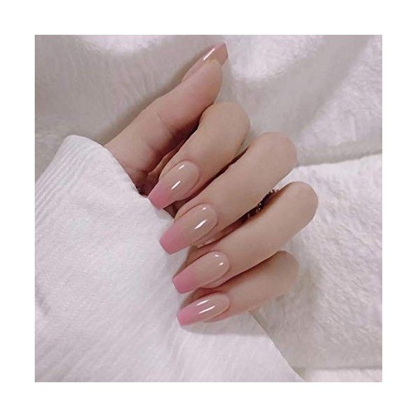 Sethexy Court Carré Ombre Faux ongles Naturel Rose Ongles à coller Glossy Press on Nails 24Pcs Acrylique Faux Ongles Autocoll