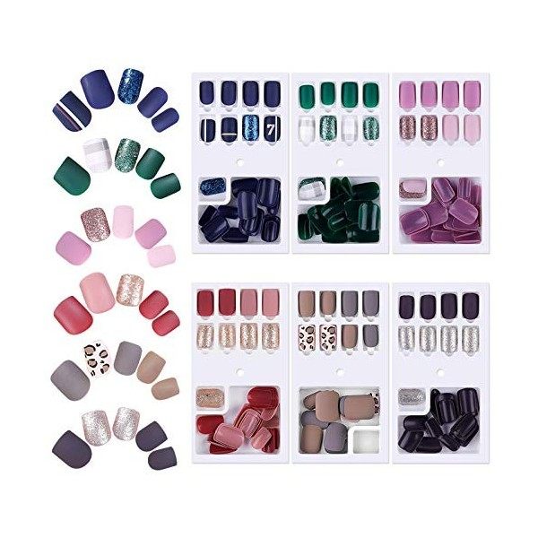 Faux Ongles Courts, 6 Boîtes 174 Pcs Artificiels Kit de Bouts dOngle 12 Tailles, Couverture Complète,Design Mat Bâton de Fic