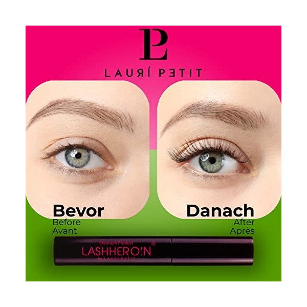 LASHHERO!N® Sérum pour cils de haute qualité 5 ml de Lauri Petit | Cils 95% plus longs, 70% cils plus denses après 4 semaines