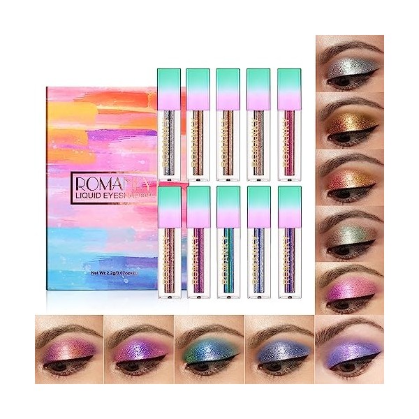 Rechoo 10pcs Fard à Paupières Liquide, Eyeshadow Shimmer Glitter, Ombre à Paupières Multicolore pour le maquillage des yeux, 