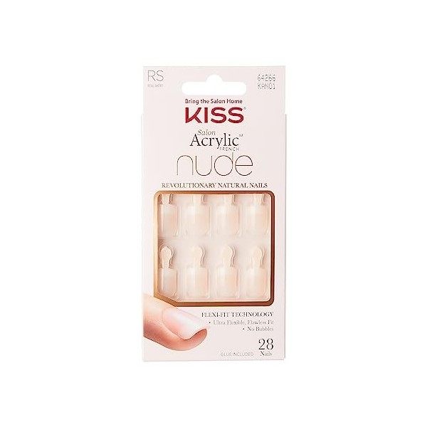 KISS Salon Acrylique French Nude Collection à couper le souffle, vrais faux ongles nude de longueur courte, comprend 28 faux 