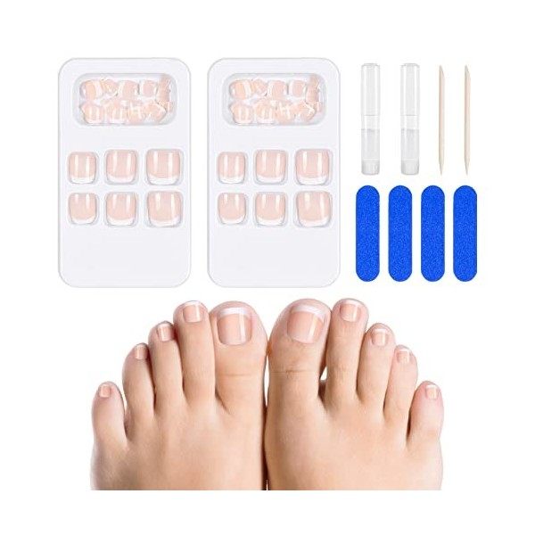 Kiiwah 48 Pieces Faux Ongles Pieds avec Colle, Orteil Capsule Ongles Français Rose en Acryliqu, Couverture Complète Toe Nails