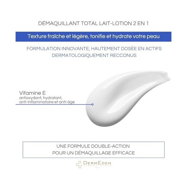 DermEden - Démaquillant total lait-lotion 150 ml – 2 actions en 1 - Elimine toutes les impuretés, les résidus et le maquillag
