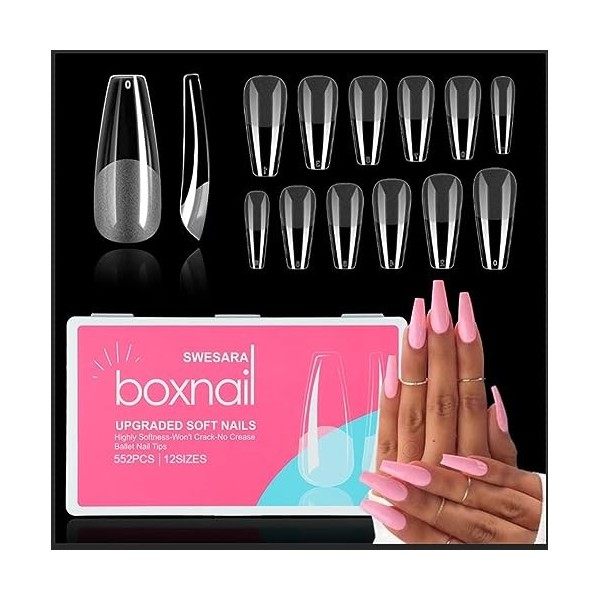 SWESARA 552 Pièces Faux Ongles Capsules, Kit Pose Américaine Ongles Ballerina Longue 12 Tailles, Acrylique Ongle dExtensions