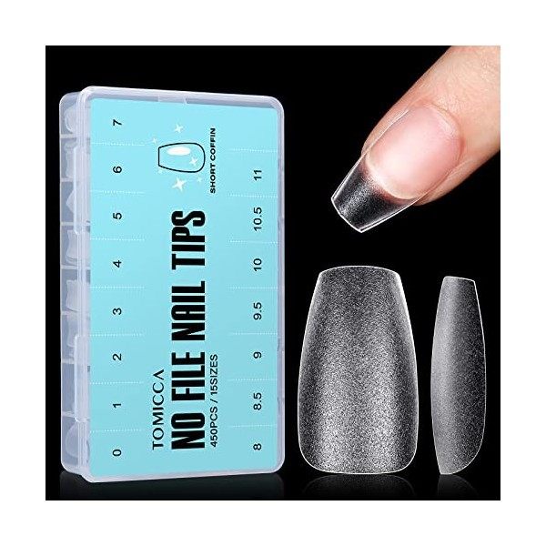 TOMICCA Kit Pose Americaine Ongle-360 PCS Capsule Americaine Ongle,Court Cercueil 15 Tailles Double Face Poli Couverture Comp