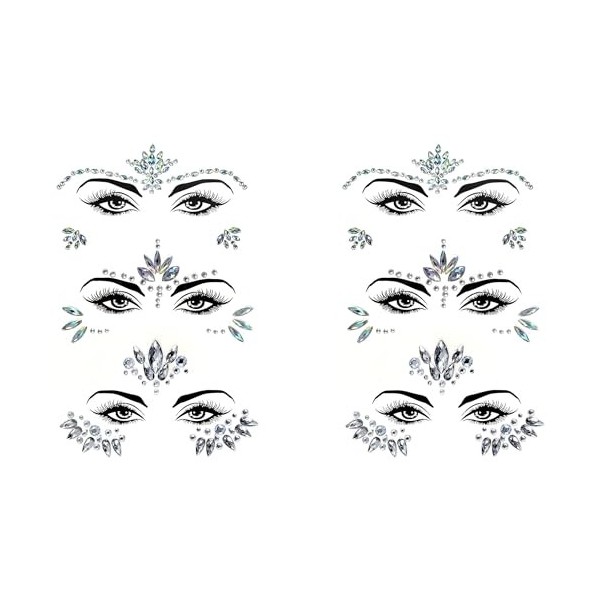 FADEDA Lot de 6 tatouages temporaires à paillettes avec strass pour le visage ou le carnaval musical