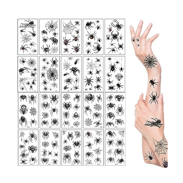 EnixwH 8 Feuilles Halloween Tatouage Ephemere Femme, Imperméables Halloween Tatouage Temporaires avec Autocollants Strass Vis