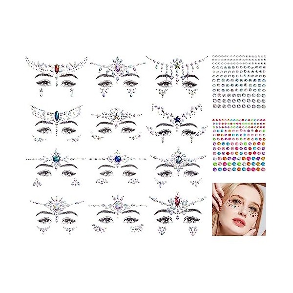 MASTWINK® 12 Pièces Autocollant de Strass Visage, Strass Autocollant Visage, Strass Maquillage Autocollant pour Festivals Acc