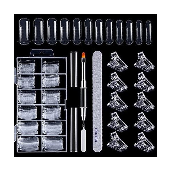 120 Pièces Faux Ongles Conseils de Extension, 12 Tailles Transparents Capsule Ongles avec 10pcs Nail Tips Clip, 1pcs Brosse à