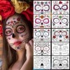 10 Feuilles Halloween Tatouages Temporaires pour visage,Crâne Mort Floral Squelette Noir Terreur Crâne mort,jour du maquillag