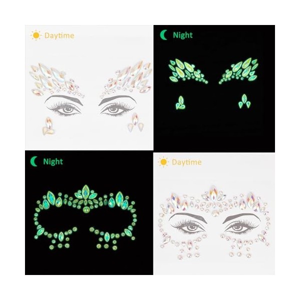 NICENEEDED 14 PCS Glow In The Dark Visage Bijoux et Corps Gemmes Autocollants, Sticker Strass Maquillage Corps, Bijoux de Cor