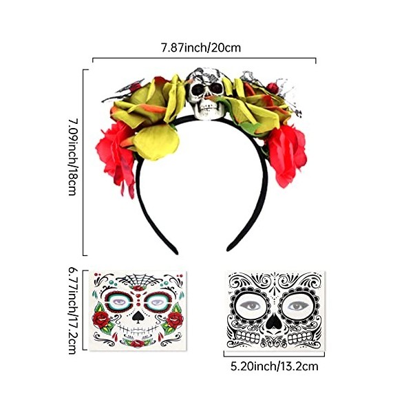 Bandeau Jour des morts, tête de mort gothique, couronne de fleurs, bandeau de fleurs dHalloween, tatouages autocollants de c