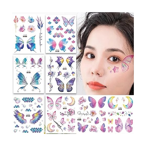 8 Feuilles Tatouage Temporaire Paillettes pour les Filles Paillettes Visage Tatouages Temporaires Tatouages de Décoration de 