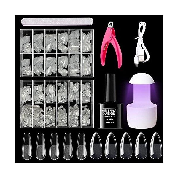 Capsule Americaine Ongle Kit, 480 Pièces Faux Ongles Capsules, 8ml 6 en 1 Colle et lampe LED, Nail Art Tools Gel Nail Extensi