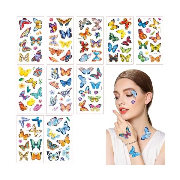 Nouveaux autocollants de tatouage de papillon 10 feuilles Tatouages temporaires visage,Fêtes de fin dannéeAutocollants tempo