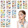 Nouveaux autocollants de tatouage de papillon 10 feuilles Tatouages temporaires visage,Fêtes de fin dannéeAutocollants tempo