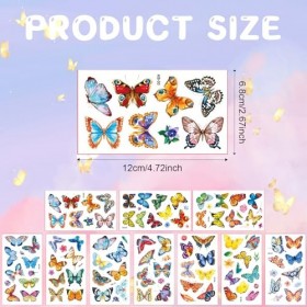 Nouveaux autocollants de tatouage de papillon 10 feuilles Tatouages temporaires visage,Fêtes de fin dannéeAutocollants tempo