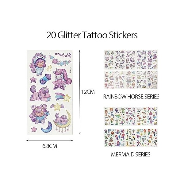 20pcs autocollants de tatouage à paillettes, temporaires drôles, autocollants de tatouage imperméables pour enfants, peuvent 