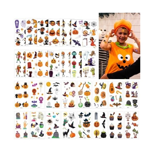 Lot de 30 feuilles de tatouages dHalloween pour enfants, Halloween, tatouages temporaires pour garçons, filles, faveurs de f