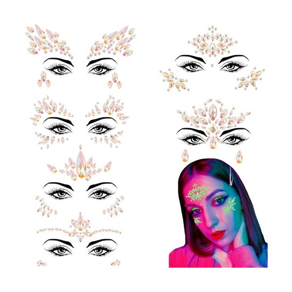 6 Pcs Strass Visage Lumineux, Étanche Strass Autocollant Visage Gemmes, Tatouage Temporaire Strass Maquillage Pour Femme Enfa