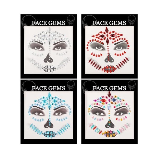 4 Feuilles Gemmes de Visage du Jour des Morts Bijoux de Visage Scintillants Autocollant de Tatouage Temporaire de Strass Joya