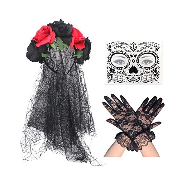 Serre-tête Jour des morts - Couronne florale noire et rouge - Costume dHalloween mexicain avec voile - Tatouages temporaires