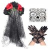 Serre-tête Jour des morts - Couronne florale noire et rouge - Costume dHalloween mexicain avec voile - Tatouages temporaires