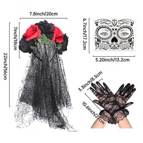 Serre-tête Jour des morts - Couronne florale noire et rouge - Costume dHalloween mexicain avec voile - Tatouages temporaires