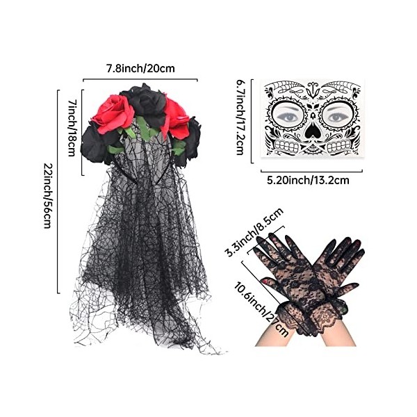 Serre-tête Jour des morts - Couronne florale noire et rouge - Costume dHalloween mexicain avec voile - Tatouages temporaires