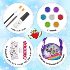 JOYA CREATIVE Kit de tatouage pailleté XXL - 7 couleurs et 36 pochoirs réutilisables - Kit de tatouage ultime pour enfants - 