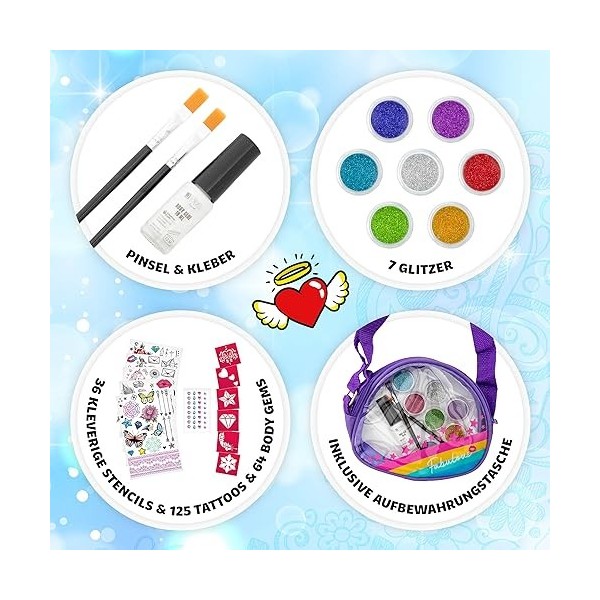 JOYA CREATIVE Kit de tatouage pailleté XXL - 7 couleurs et 36 pochoirs réutilisables - Kit de tatouage ultime pour enfants - 