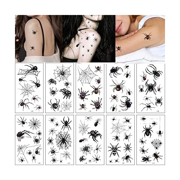 Halloween temporaire araignée noire tatouage, tatouage Facial temporaire, jour des morts maquillage autocollants pour les hom