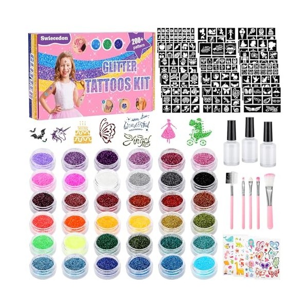 Kit Tatouages Paillettes Enfants Filles - 36 Couleurs, 220 Pochoirs Tatouages ​​Temporaires Enfants Comprenant 5 Pinceaux et 