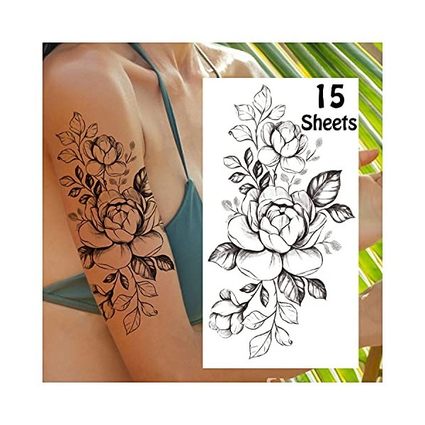 LEADTEAM 15 Feuilles Tatouage Temporaire Femme, 3D Rose Tatouage Temporaire Imperméable, Faux Tatouages Noirs Autocollants Po