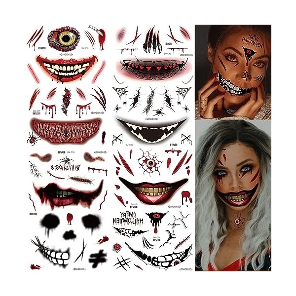 Lonico Halloween Tatouages Temporaires 8 Feuilles Halloween Zombie Scars Tatouages Autocollants Tatouages pour Halloween Homm