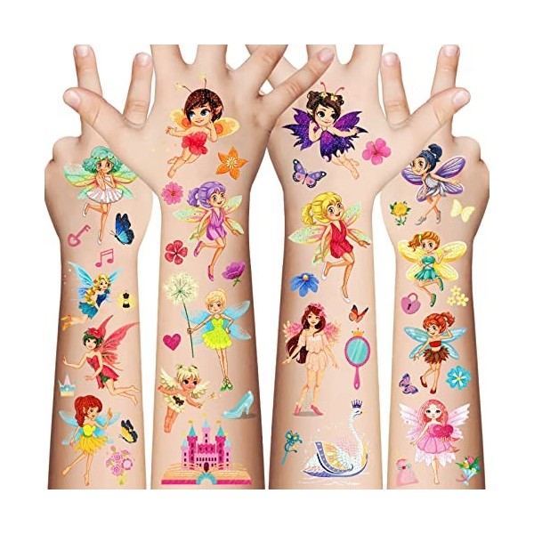 Awinmay Lot de 145 tatouages temporaires de fée pour enfants – Lot de 145 faux tatouages à paillettes pour le corps et le vis
