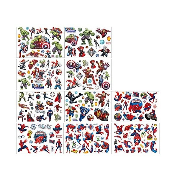 Avengers + Spider-Man - Lot de 10 feuilles de 200 tatouages temporaires imperméables Marvel pour garçon, fille, adolescent, f
