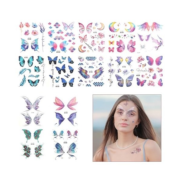 14 Feuilles Tatouage Temporaire, Tatouages Papillon Paillettes Autocollant de Tatouage Visage Papillon Imperméable pour Femme