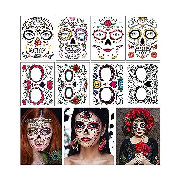 Tatouage temporaire du visage, 8 autocollants de crâne de sucre de tatouages de kits jour du maquillage mort, Tatouages pour 