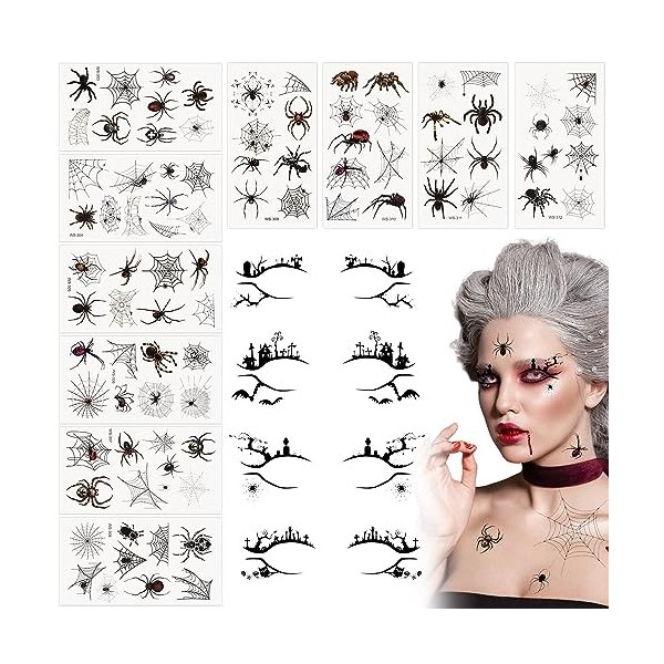 Queekay 4 Paires Autocollants dEye-Liner Halloween 10 Feuilles de Tatouage Temporaire dAraignée Faux Tatouages pour Yeux Ta