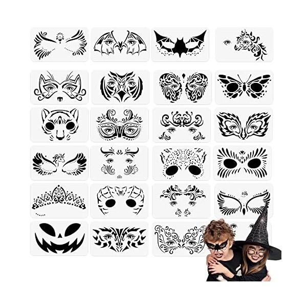 24 Pièces Pochoir Maquillage Enfant, Modèle de Tatouage pour Anniversaires Halloween Noël, Kit de Tatouage Enfant de Peinture