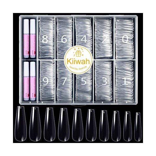 Kiiwah 500 Pièces Faux Ongles de Ballerine avec Colle, 10 Tailles Capsules Ongles Artificiels en Acrylique avec Boîte Rangeme