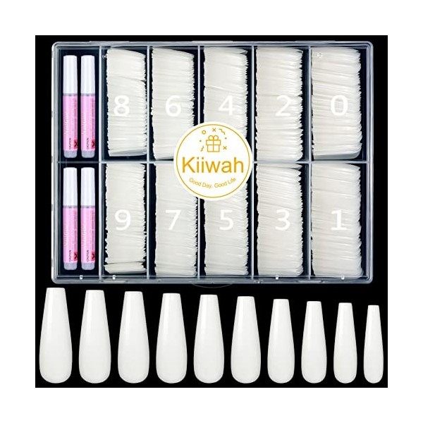 Kiiwah 500 Pièces Faux Ongles de Ballerine avec Colle, 10 Tailles Capsules Ongles Artificiels en Acrylique avec Boîte Rangeme